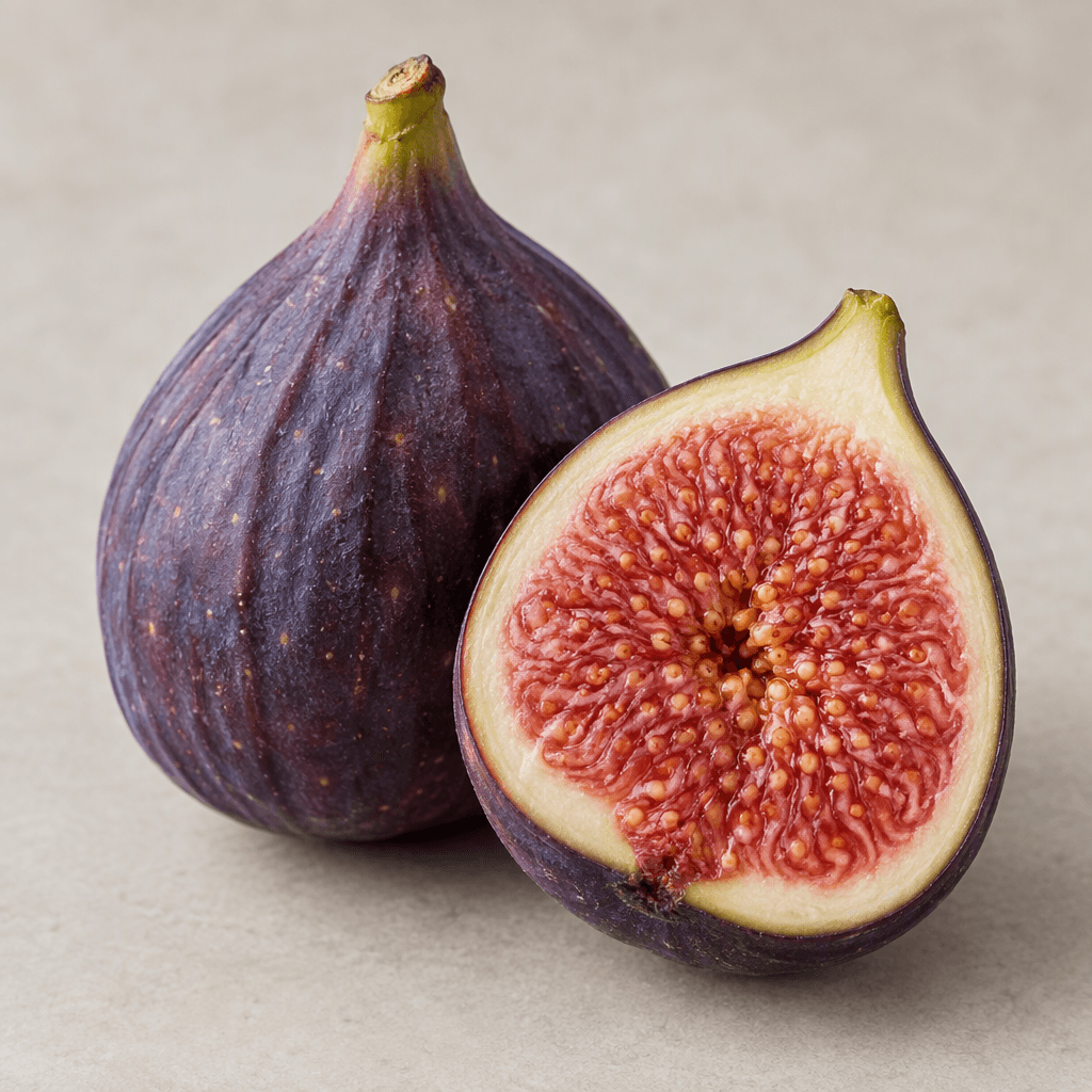 A plump, pear-shaped fig with deep purple, slightly ribbed skin, a short stem, and a cut half revealing soft pink-red flesh densely speckled with tiny pale seeds.