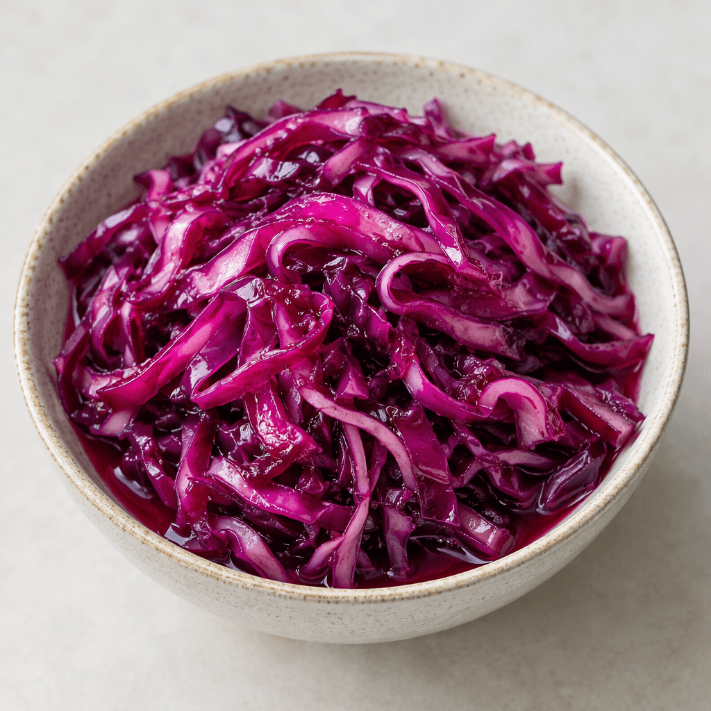Thinly shredded red-purple cabbage with crisp, glossy ribbons and slightly curled edges, piled in a small bowl with a little reddish brine visible between the strands.