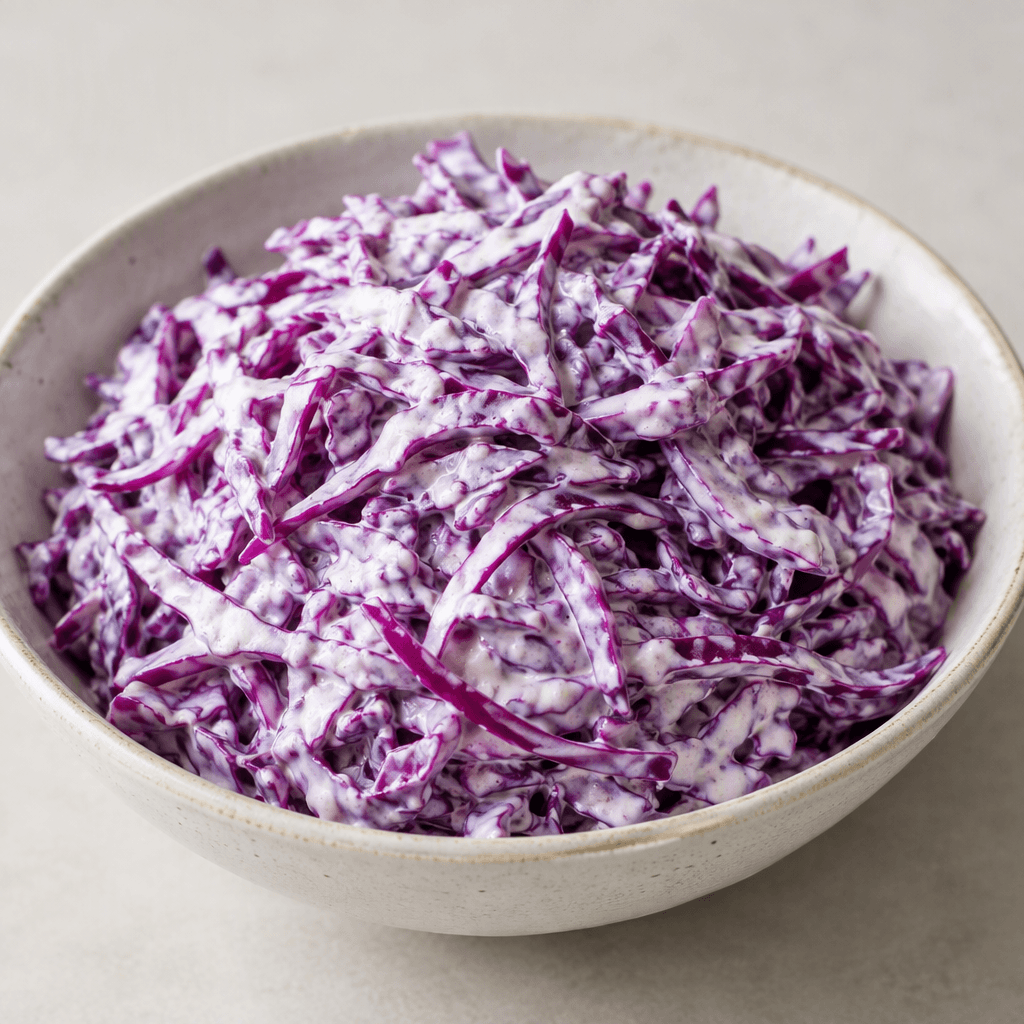 Thinly shredded deep-purple red cabbage is coated in thick white yogurt, forming a creamy purple salad piled in a shallow serving bowl and scattered with a few visible cabbage strands.