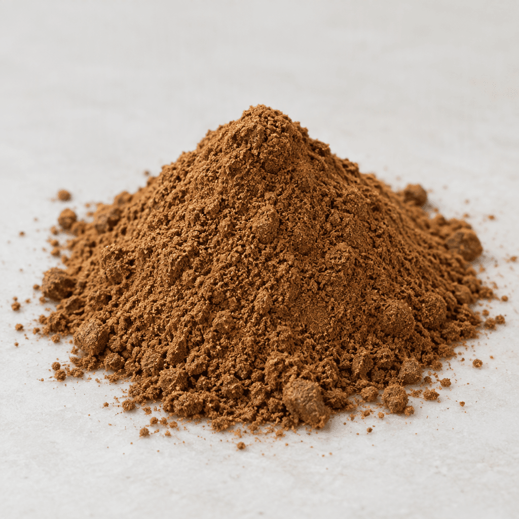 A mound of fine, dry medium-brown powder with a slightly grainy texture, loosely gathered on a clean surface.
