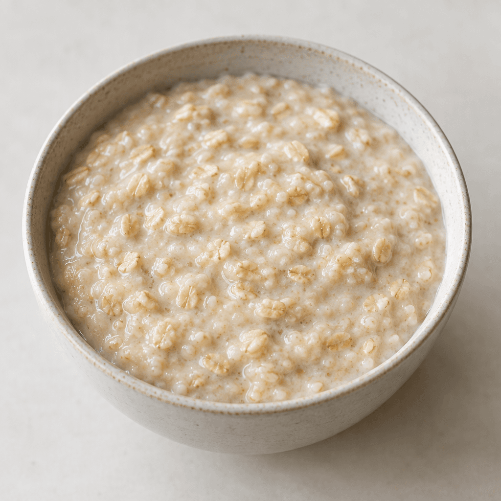 A bowl of thick, pale beige porridge with soft oat flakes visible throughout and a smooth, creamy surface.