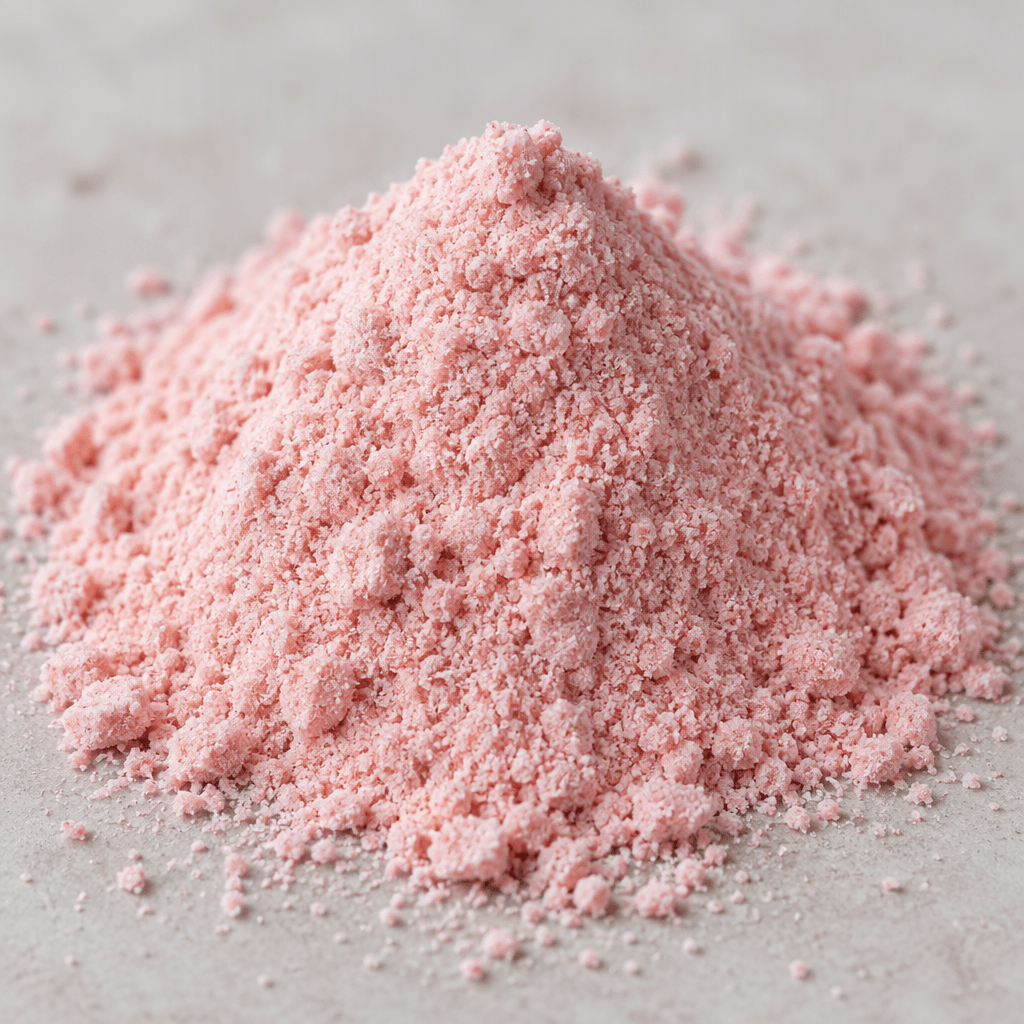 Düz bir yüzey üzerinde, ince ve hafif tanecikli dokusuyla küçük bir yığın hâlinde soluk pembe toz duruyor.