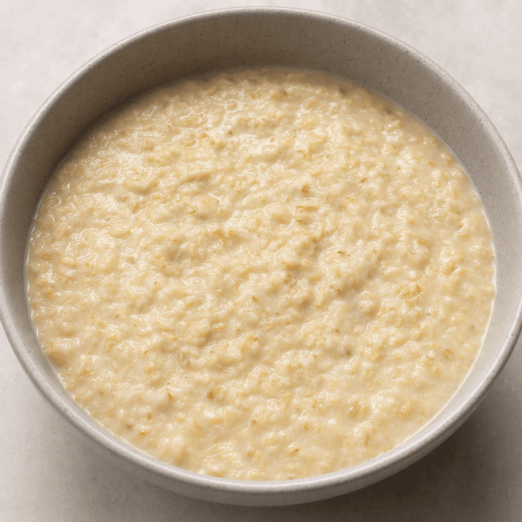 A bowl of thick, pale beige porridge with soft oat flakes visible throughout and a slightly grainy, creamy texture.