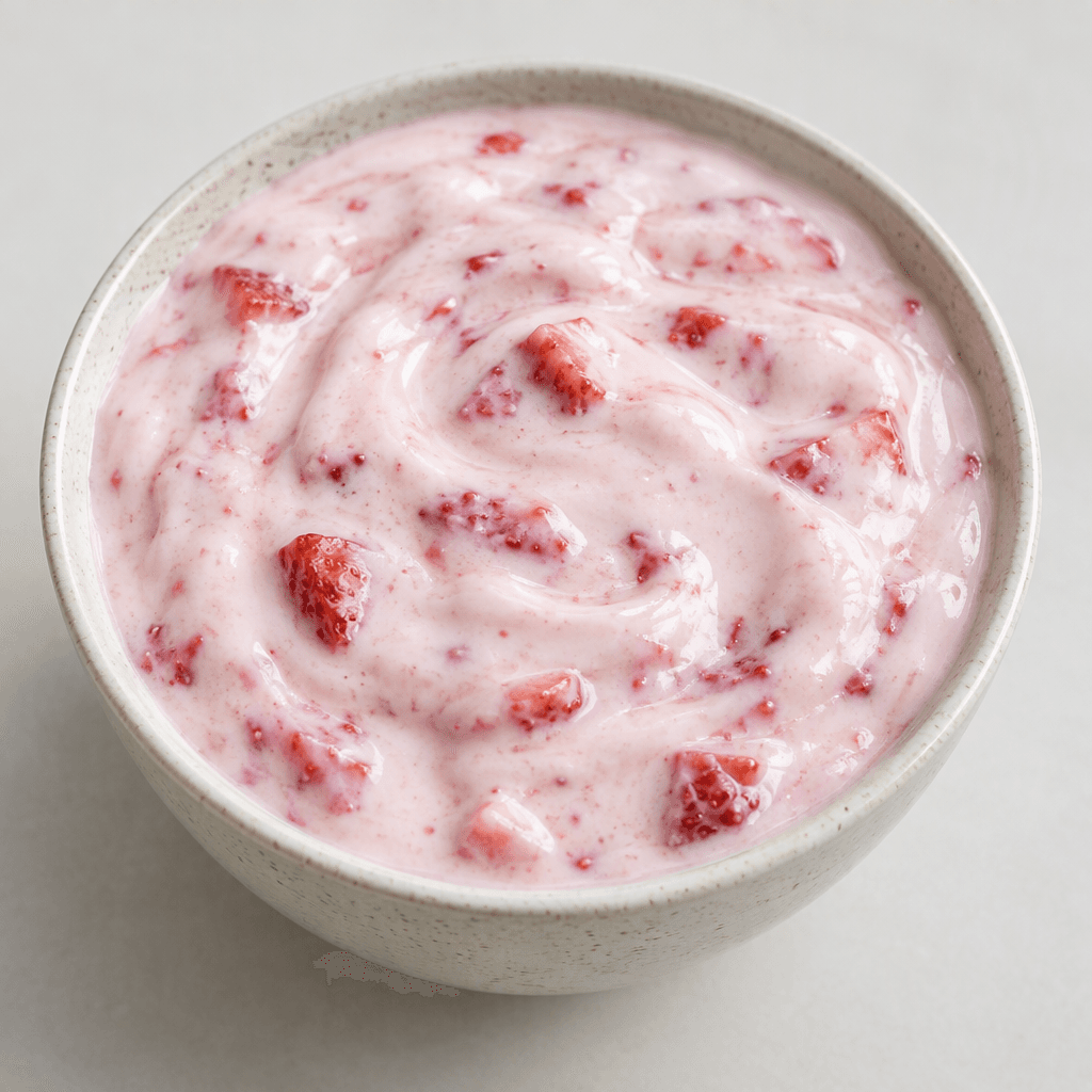 Thick, creamy pale-pink yogurt with small red strawberry pieces visible throughout and a smooth, glossy surface.