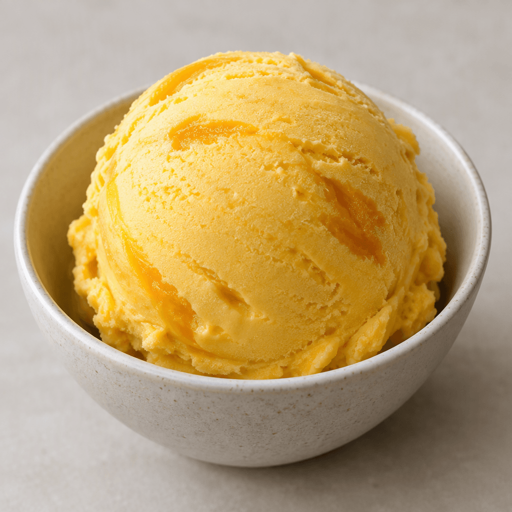 Bir kâsede duran yuvarlak top mango dondurmasının yüzeyi altın sarısı, pürüzsüz ve kremamsıdır; üzerinde daha koyu mango renginde ince izler görülür.