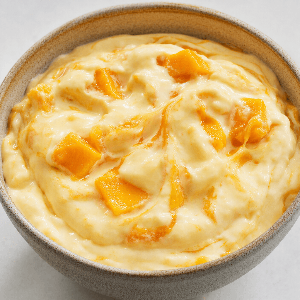 Küçük bir kâsede sunulan, yumuşak altın sarısı mango parçaları ve mango püresi izleri görünen, koyu kıvamlı kremamsı açık sarı yoğurt.