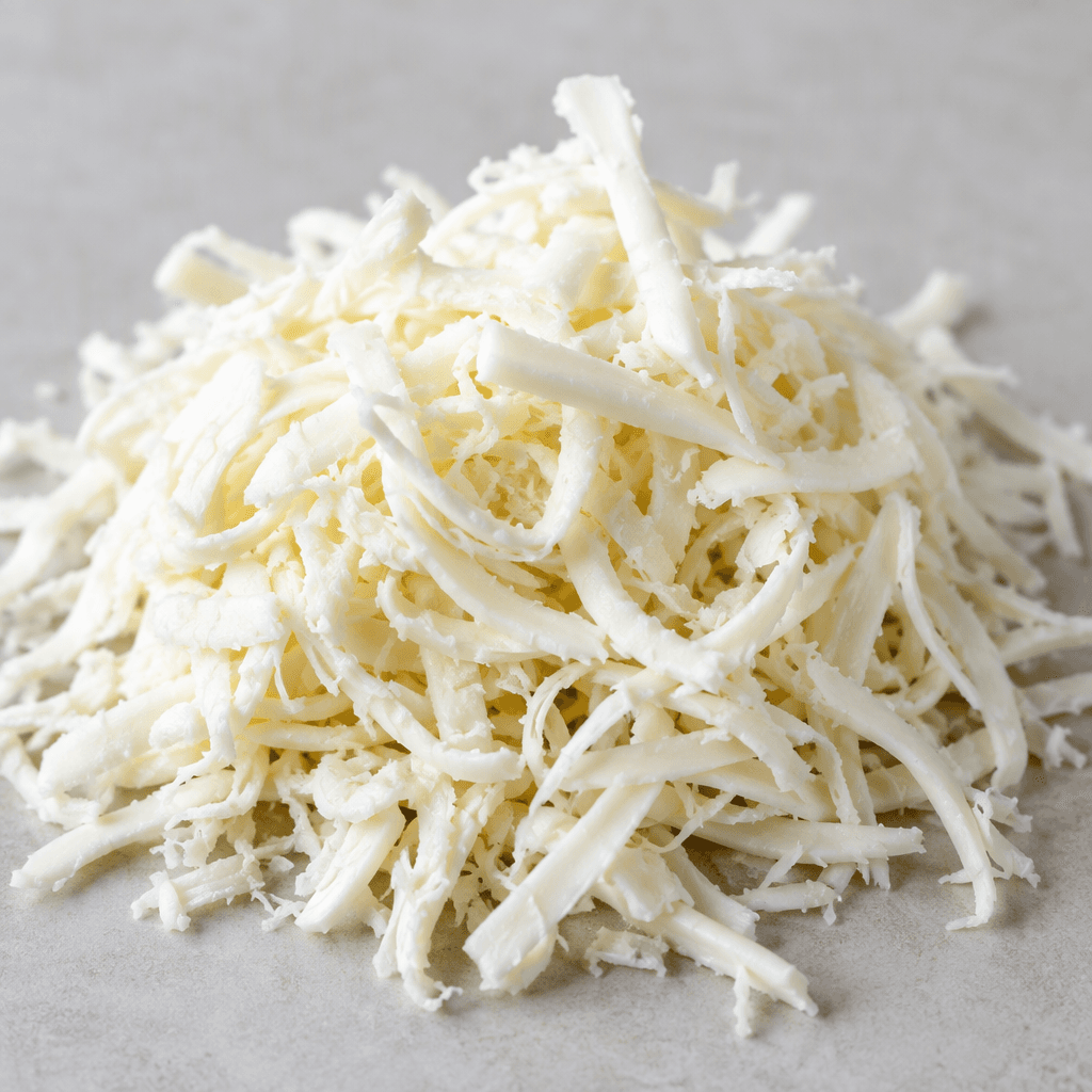 Soft white mozzarella cheese in thin, irregular grated shreds, loosely piled with a moist, slightly fibrous texture and a few strands clinging together.