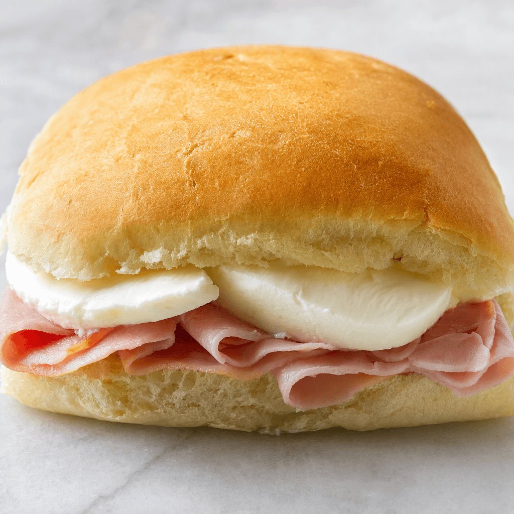 Yumuşak, hafif altın rengi ekmek dilimlerinin arasında katlanmış pembe jambon ve kalınca beyaz mozzarella dilimleri bulunan, peyniri kenarlardan görünen bir sandviç.