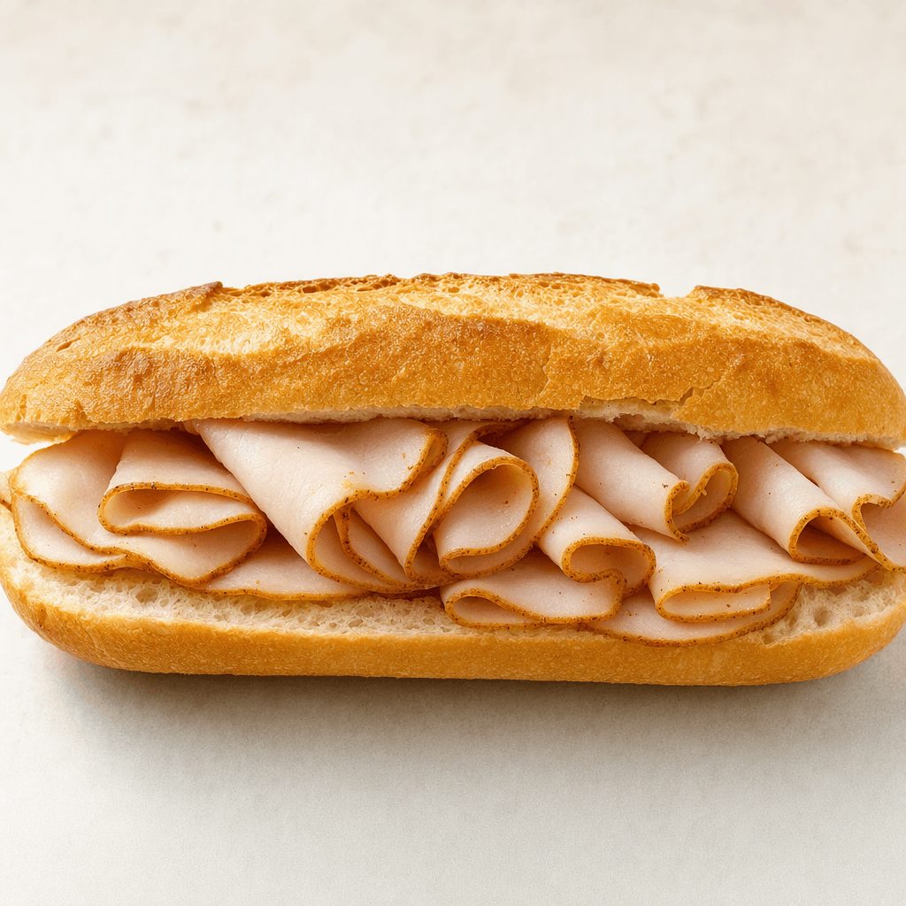 An elongated baton-shaped sandwich with a lightly browned crust, opened to show folded slices of pink smoked turkey against the pale, soft interior of the bread.