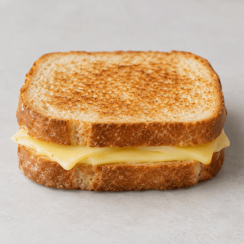 A sandwich made with two slices of lightly browned bread, with pale yellow cheese visible between them and no meat filling.