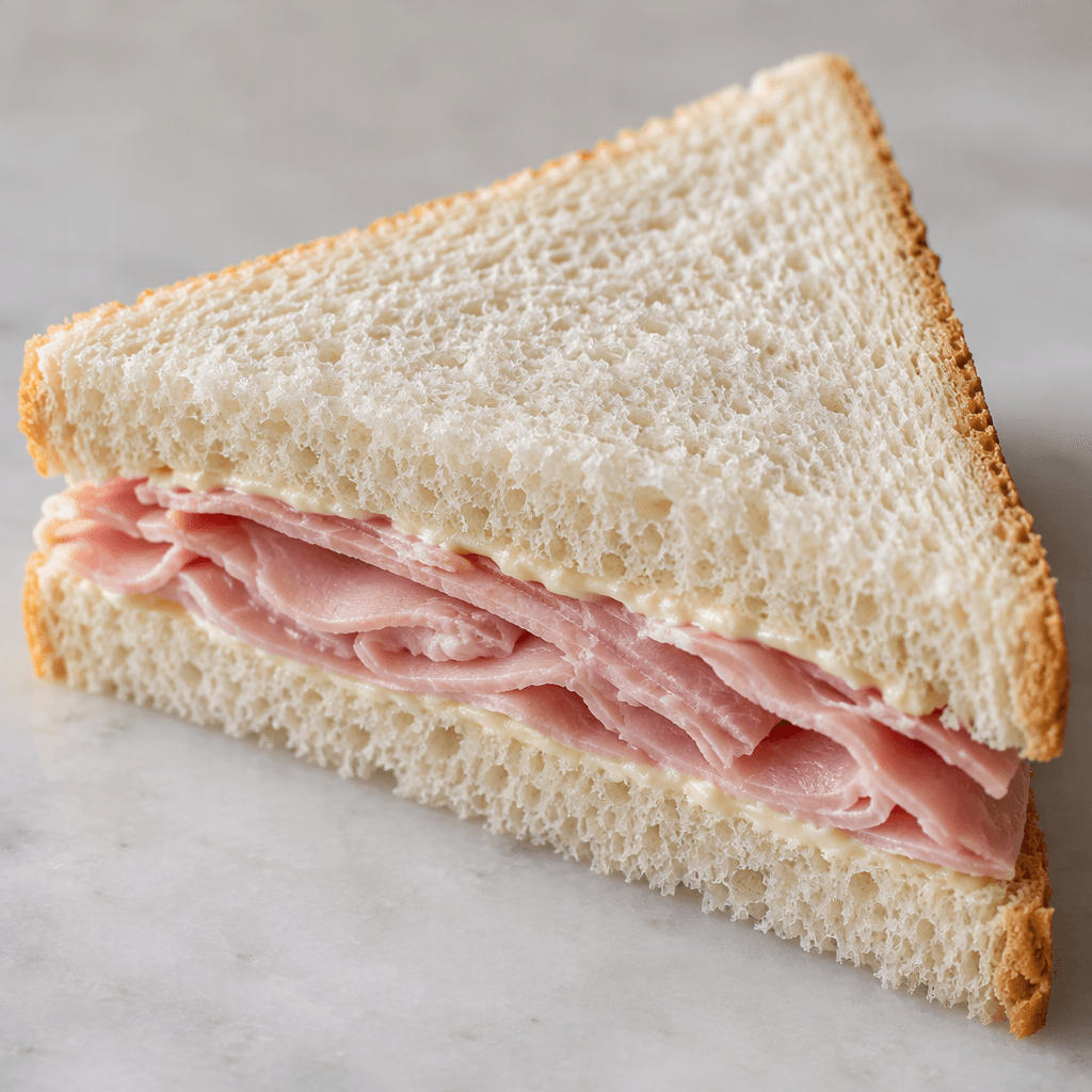 A triangular white-bread sandwich with pink ham visible between the slices, its cut edges showing the layered filling.