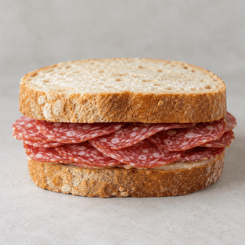 A sandwich made with two slices of bread and several thin, round reddish-pink salami slices visible between them, with no cheese visible.