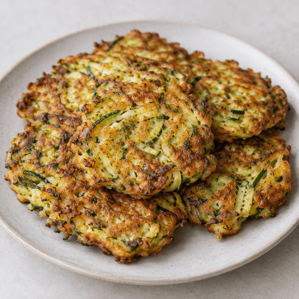 Irregular round zucchini fritters with crisp, deeply golden-brown edges and surfaces, showing green zucchini shreds and small herb flecks throughout, arranged on a plate.
