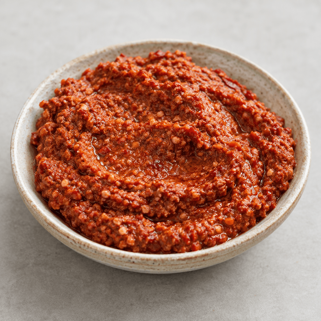 A thick, spreadable brick-red paste made from red peppers and finely ground walnuts, with a slightly coarse texture, visible nut flecks and a light olive-oil sheen, served in a shallow dish.