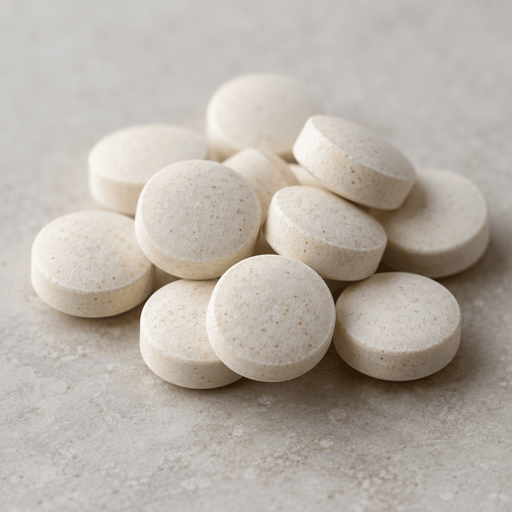 Small, smooth, off-white mineral supplement tablets with rounded edges are scattered in a neat cluster on a plain surface.