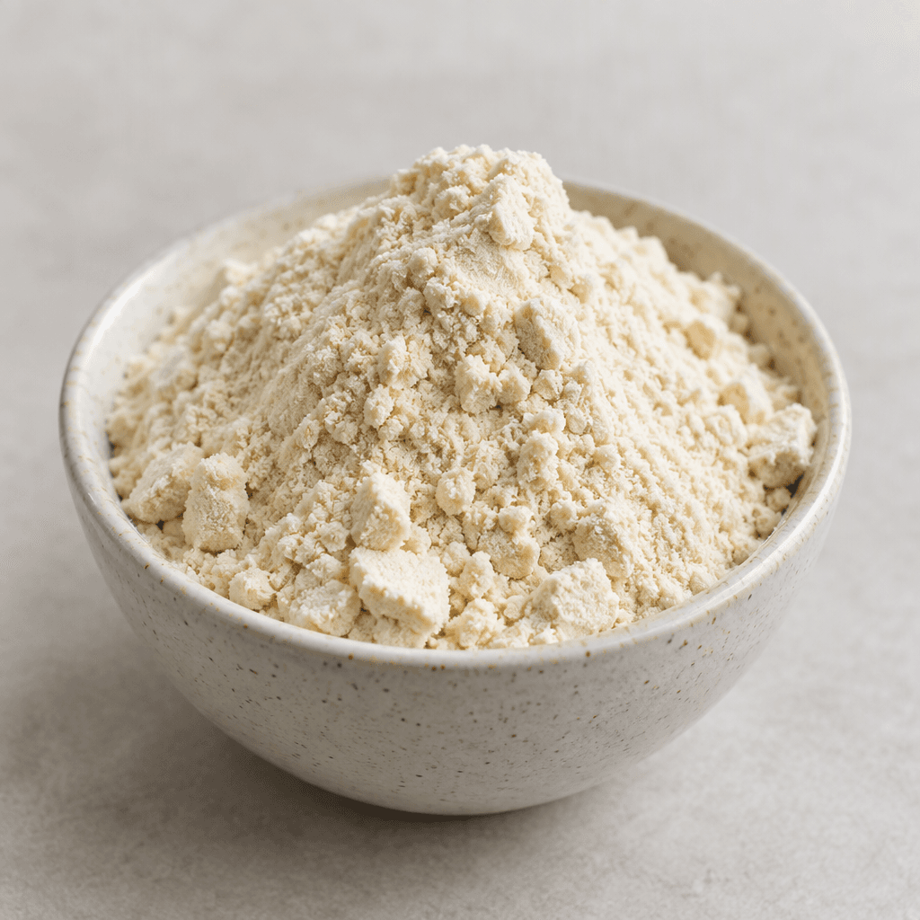 A mound of fine, pale ivory protein powder with a soft, slightly clumpy texture sits in a small bowl.