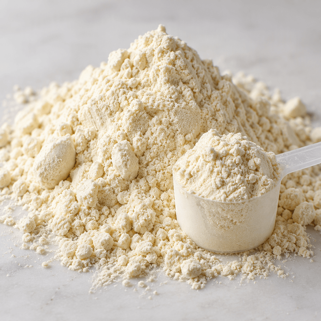 A mound of fine, pale cream-colored protein powder with a soft, dry, slightly clumpy texture, shown beside a small scoop of the powder.