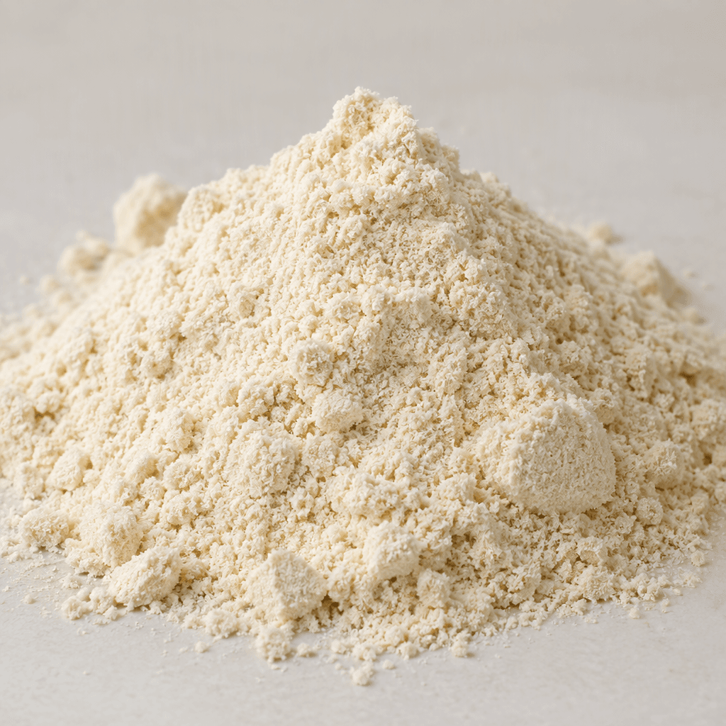 Açık krem renkli, ince ve kuru protein tozu gevşek taneleriyle yumuşak bir yığın oluşturuyor.
