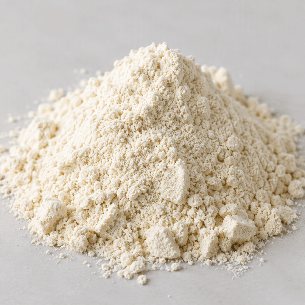 Fine, dry, pale cream-colored protein powder forms a soft mound with a few small clumps.