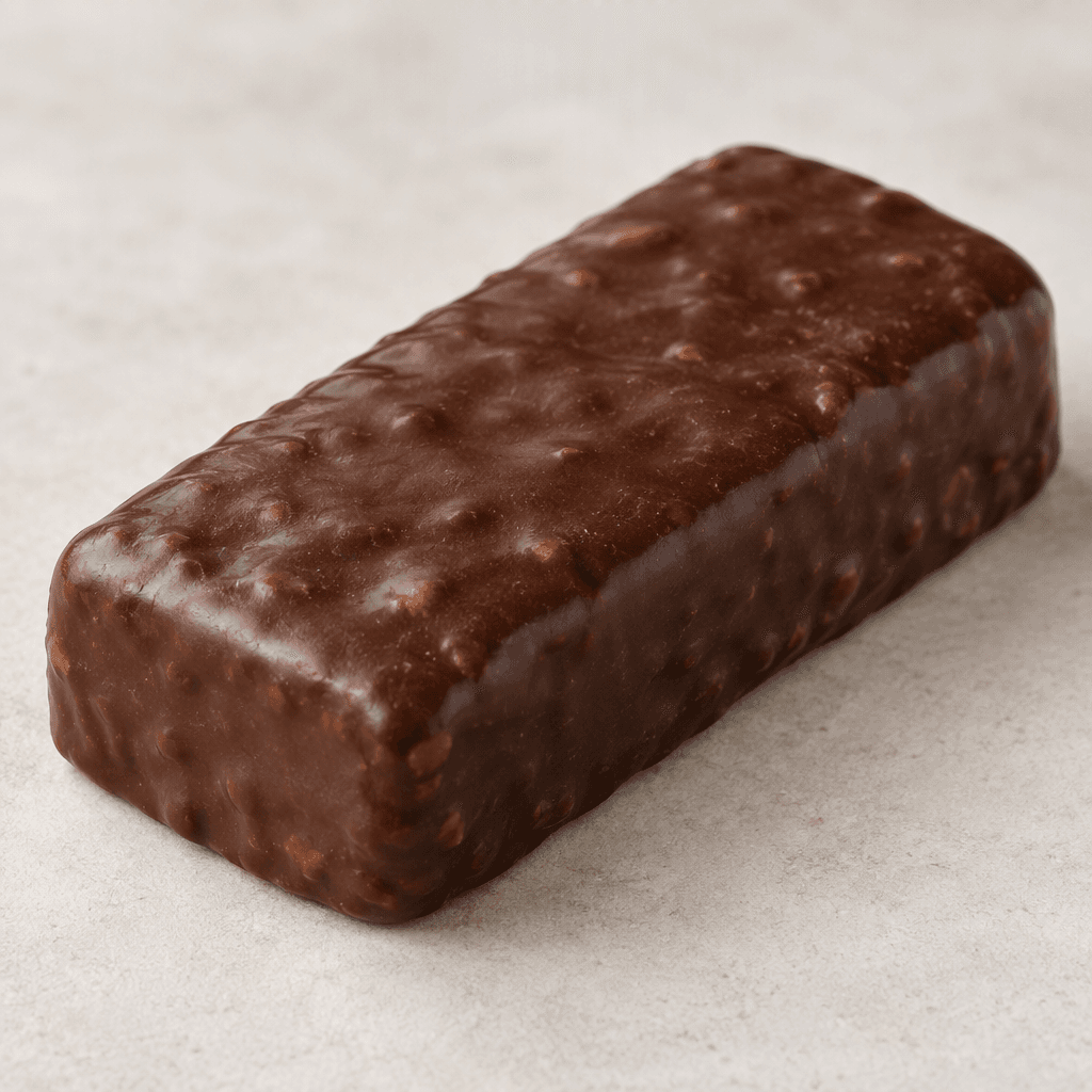A thick, rectangular protein bar with rounded corners and a smooth, dark-brown coating, shown whole on a plain surface.