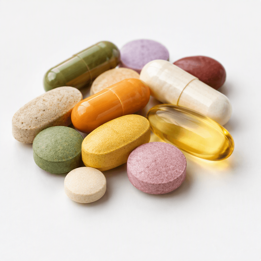 Several multicoloured multivitamin tablets and capsules, in varied round and oblong shapes with smooth, matte surfaces, arranged together on a clean white surface.
