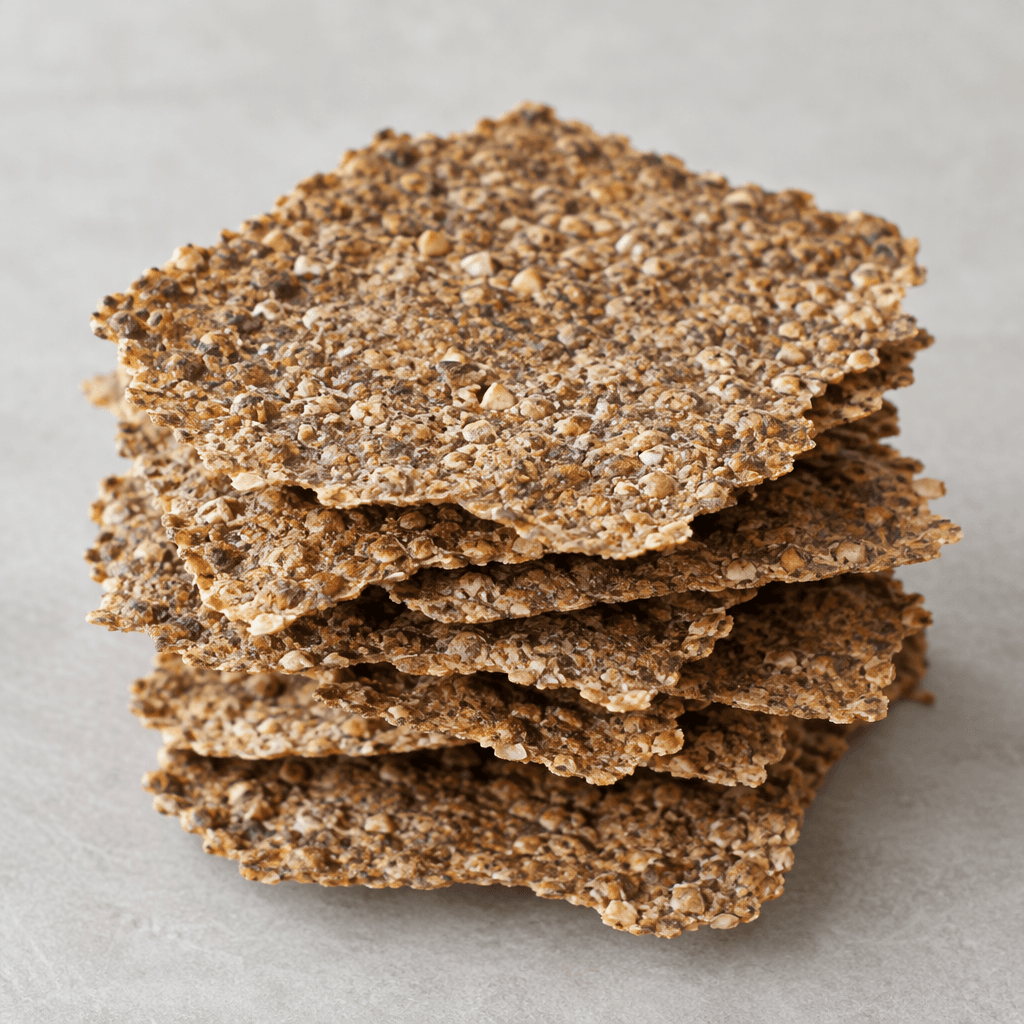 Thin, flat buckwheat crispbreads with irregular edges, a mottled tan-to-dark-brown surface, and a dry, visibly coarse texture with small buckwheat flecks, arranged in a loose stack.