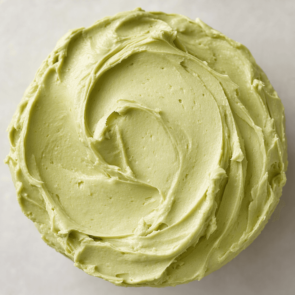 A soft, pale-green cream cheese with a smooth, thick texture, shown as a neat spread.