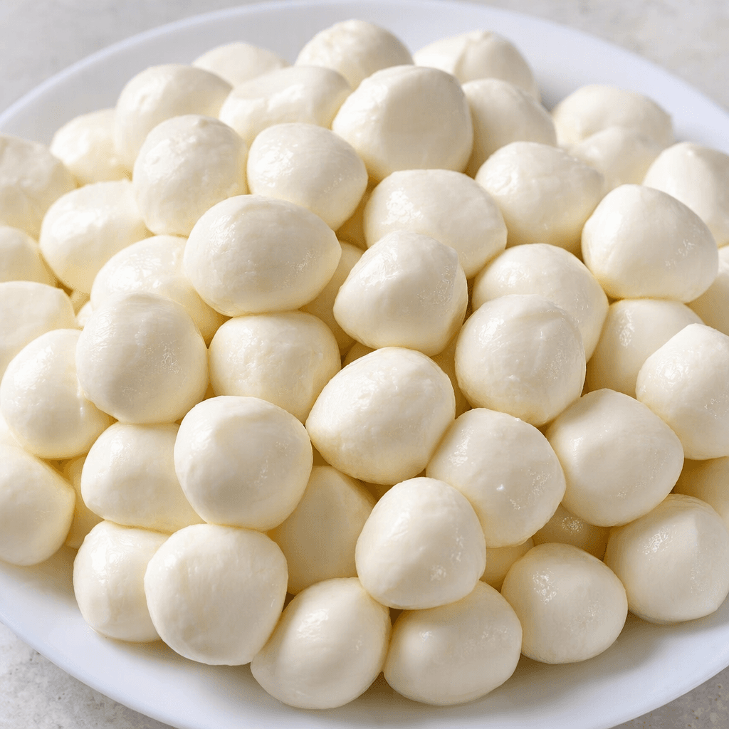 Small, round ivory-white cheese balls with smooth, slightly moist surfaces, piled together on a plate.