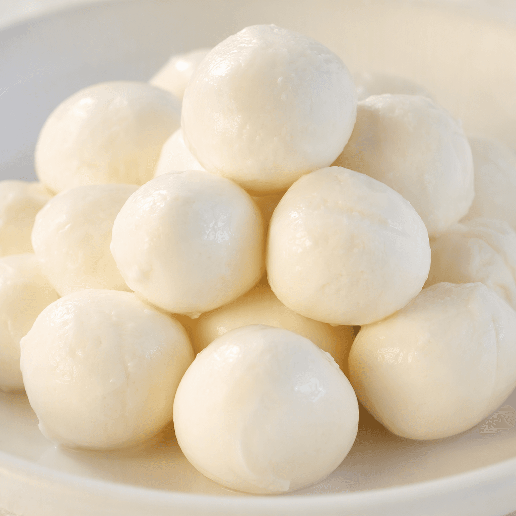 Small, smooth, round white cheese balls are arranged together, with a soft, slightly glossy surface.