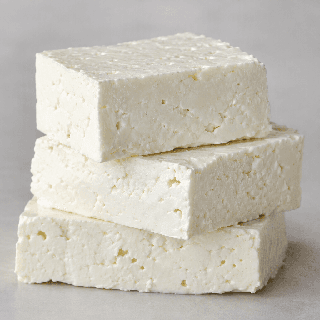 Firm, bright-white cheese sits in thick rectangular pieces, with a moist, slightly porous surface and clean-cut edges.