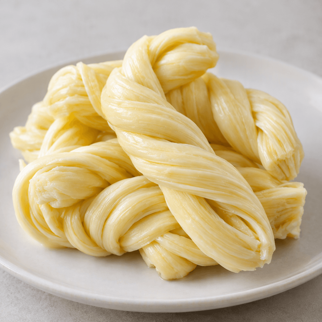 Several pale straw-yellow cheese pieces are arranged on a plate, each formed into a thick, tightly twisted spiral with smooth, slightly glossy ridges and visible layered strands.