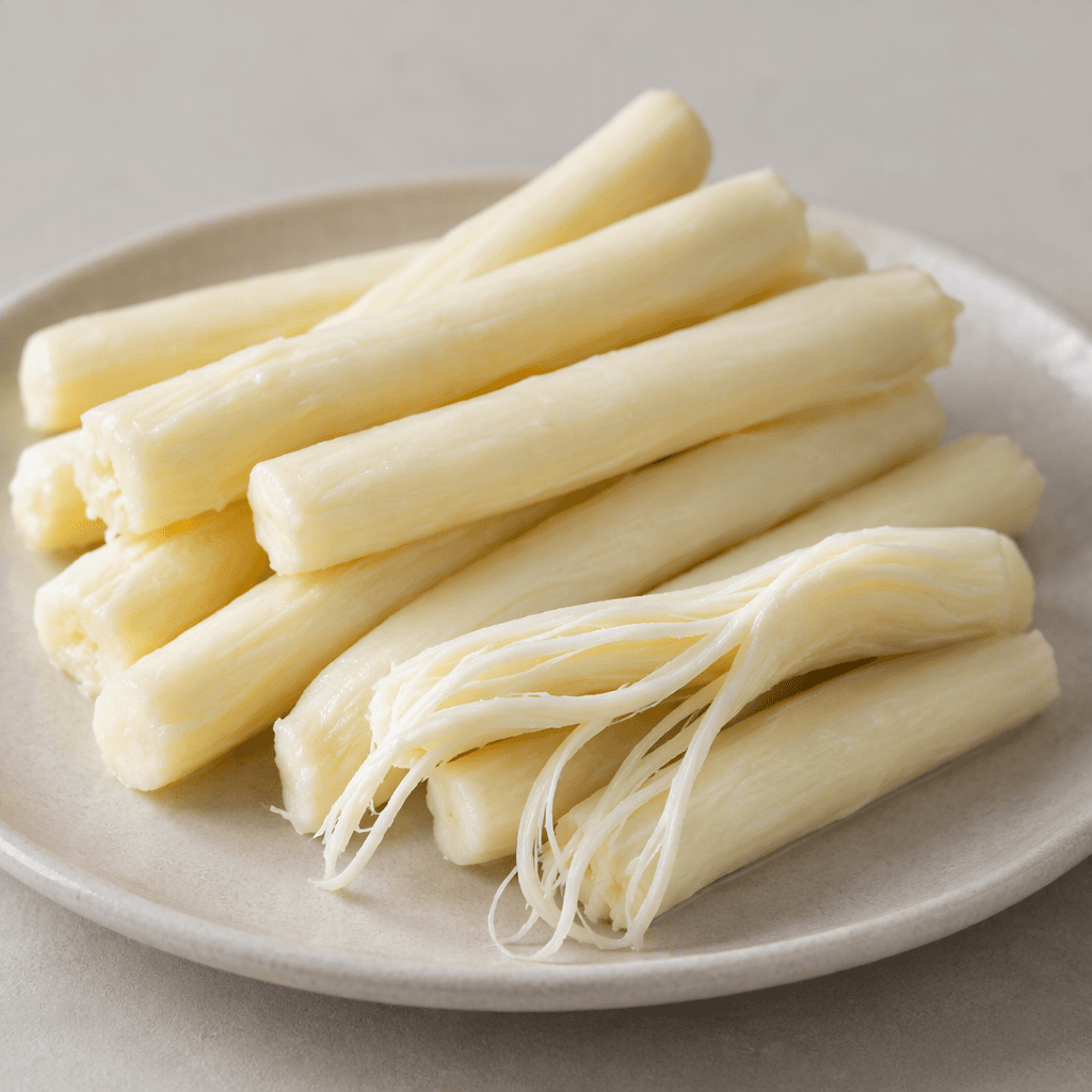Several slender, ivory-white cheese sticks lie on a plate, with smooth surfaces and a few ends pulled into soft, fine strands.