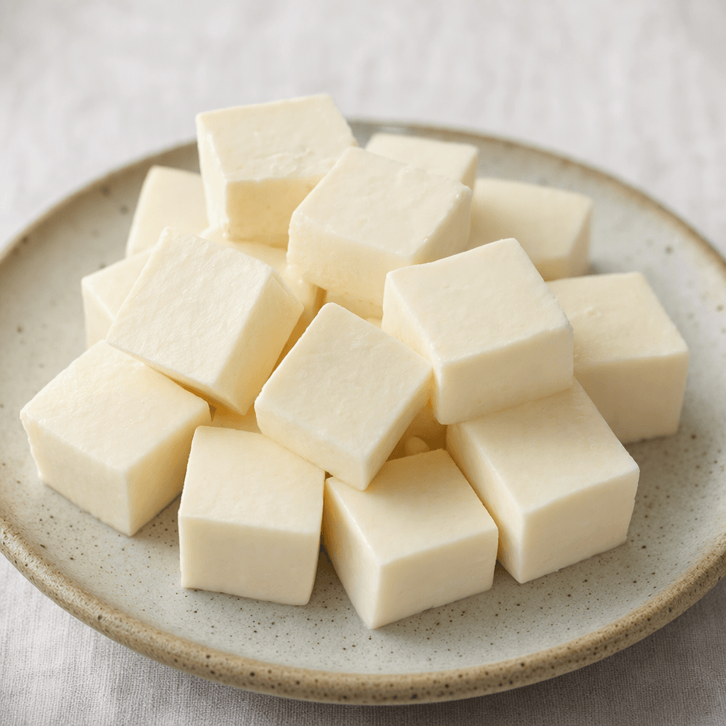 Small, pale ivory pieces of soft cheese with smooth surfaces and clean, lightly rounded edges sit together on a plate.