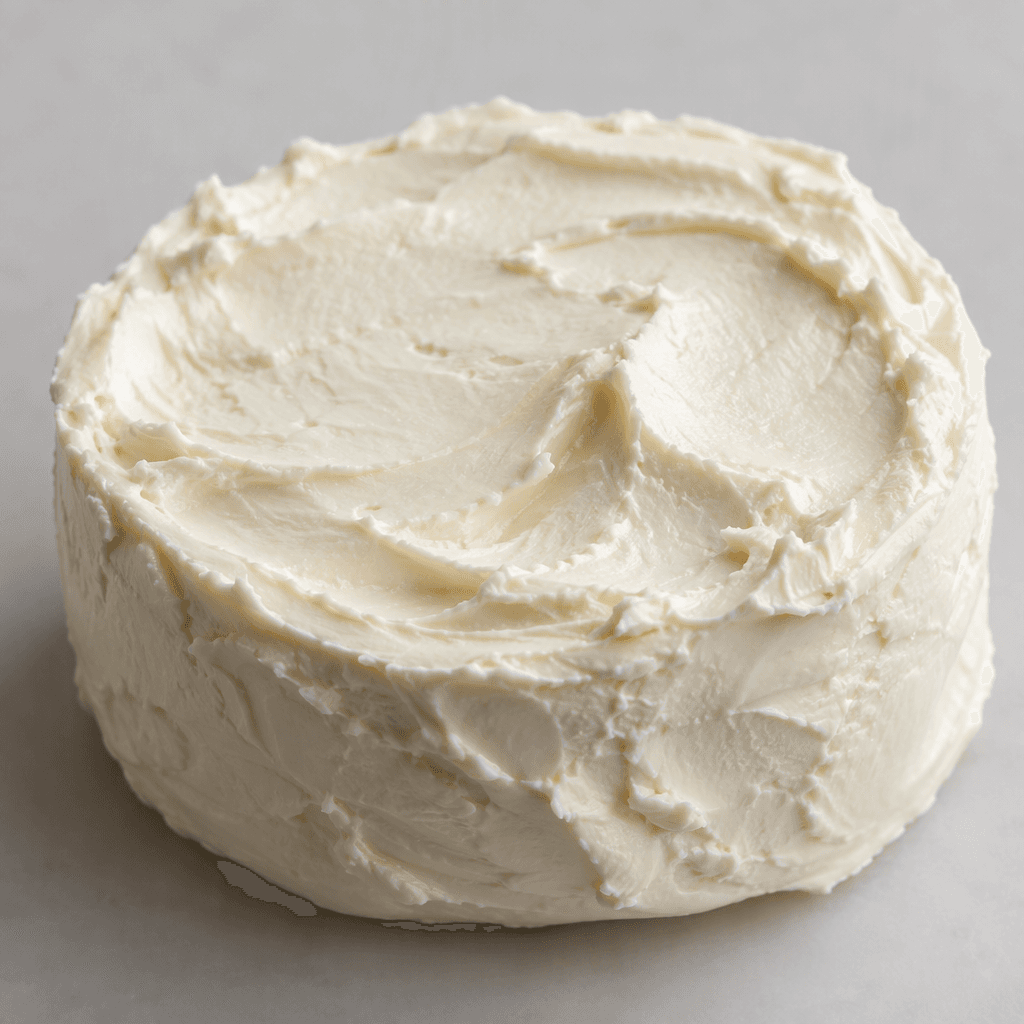 A smooth, soft, ivory-white creamy cheese with a thick, spreadable texture and a gently uneven surface.