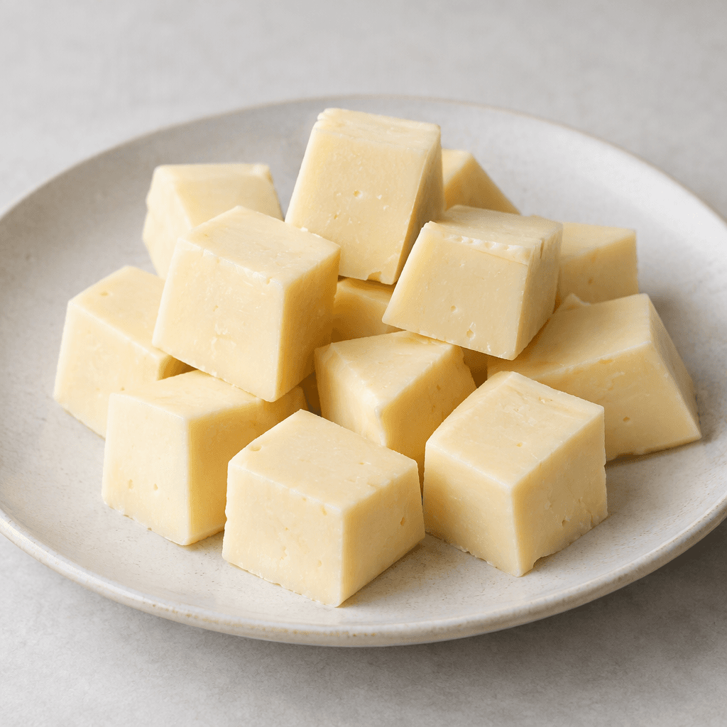 Pale ivory cheese with a smooth, dense, slightly creamy surface, cut into neat bite-sized pieces and arranged on a plate.