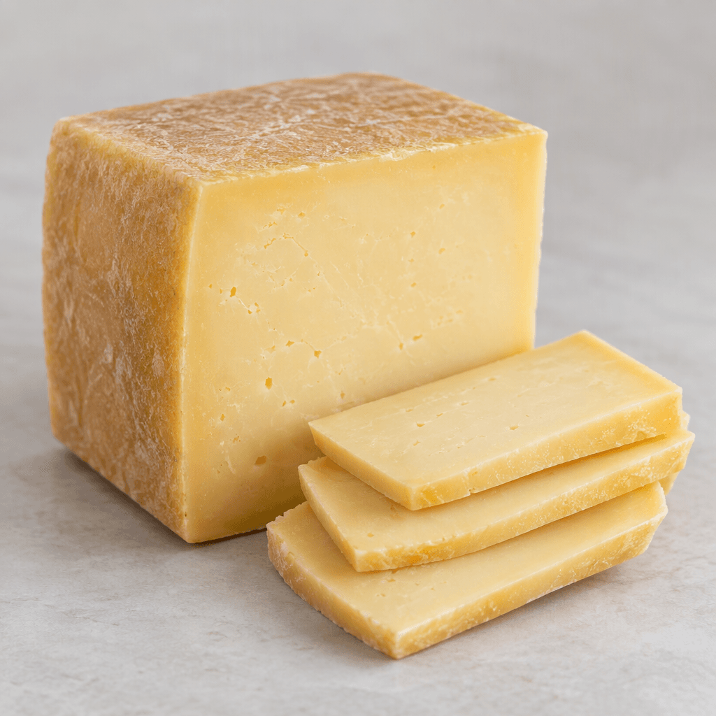 A pale straw-yellow semi-hard cheese is shown as a compact block with a smooth, firm cut surface and a few neatly sliced pieces beside it.