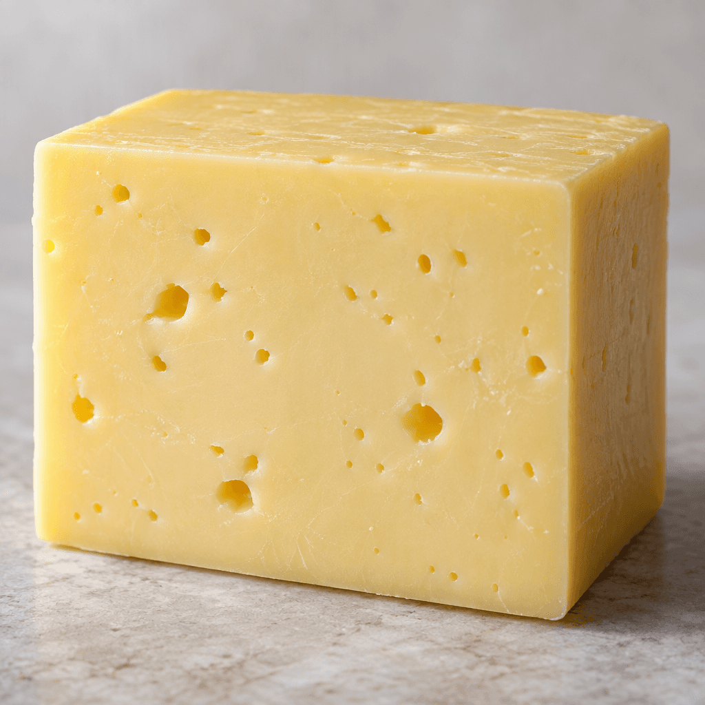 Pale straw-yellow semi-hard cheese cut into a neat rectangular block, with a smooth, slightly glossy surface and a few small, irregular holes.