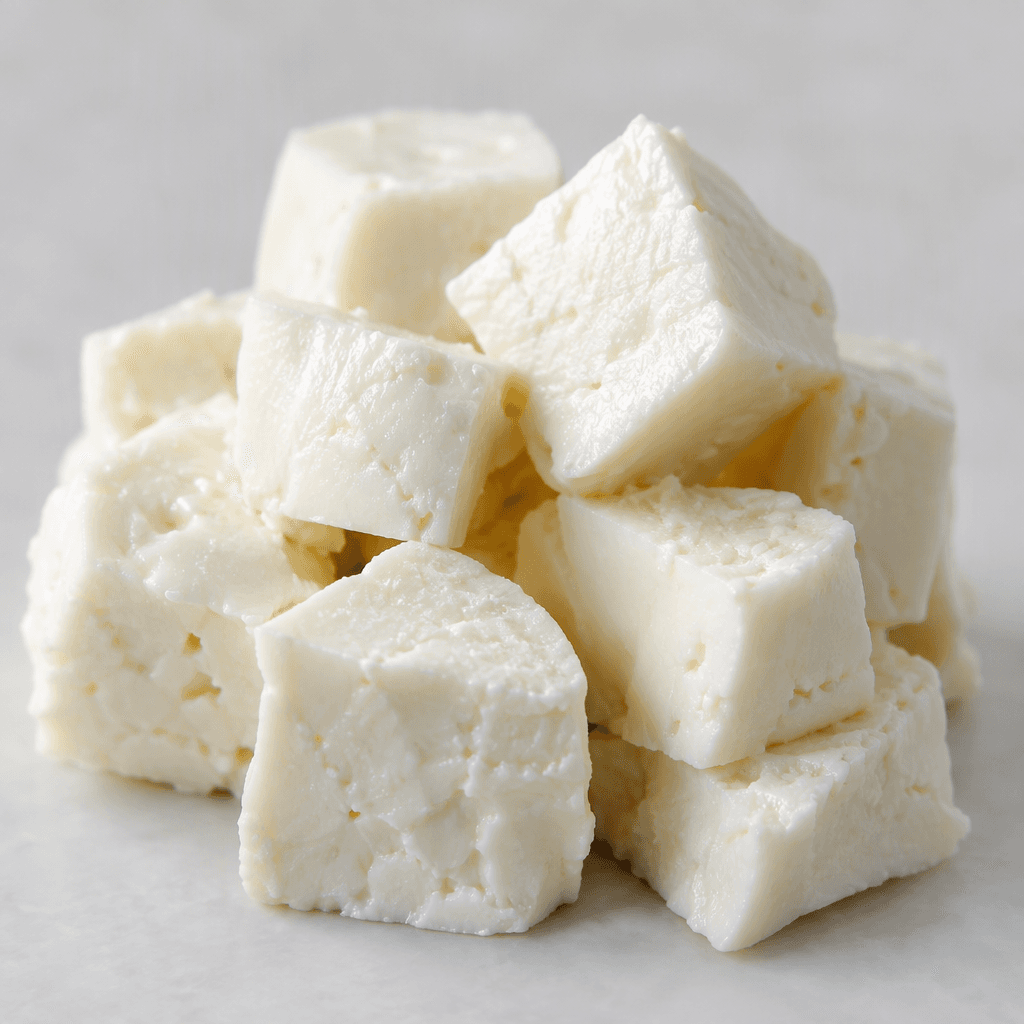 Soft, bright-white cheese cut into small, smooth-edged pieces, with a moist, delicate surface and a tender, slightly yielding texture.
