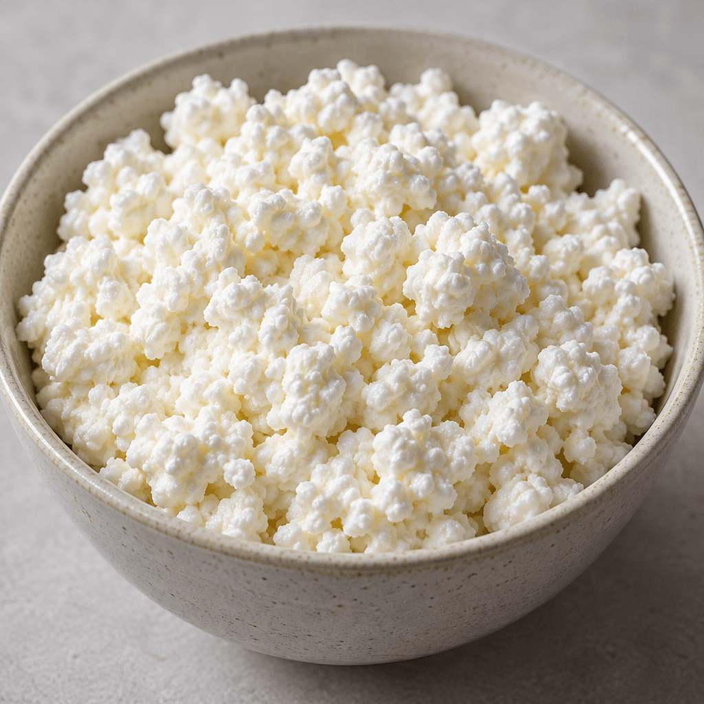 Soft, moist white curds sit loosely piled, with an uneven, fine-grained texture and small irregular pieces.