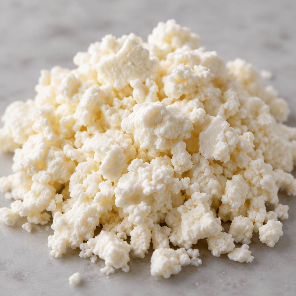 A small mound of soft, moist, off-white cheese curds with a loose, crumbly texture and fine, irregular pieces.