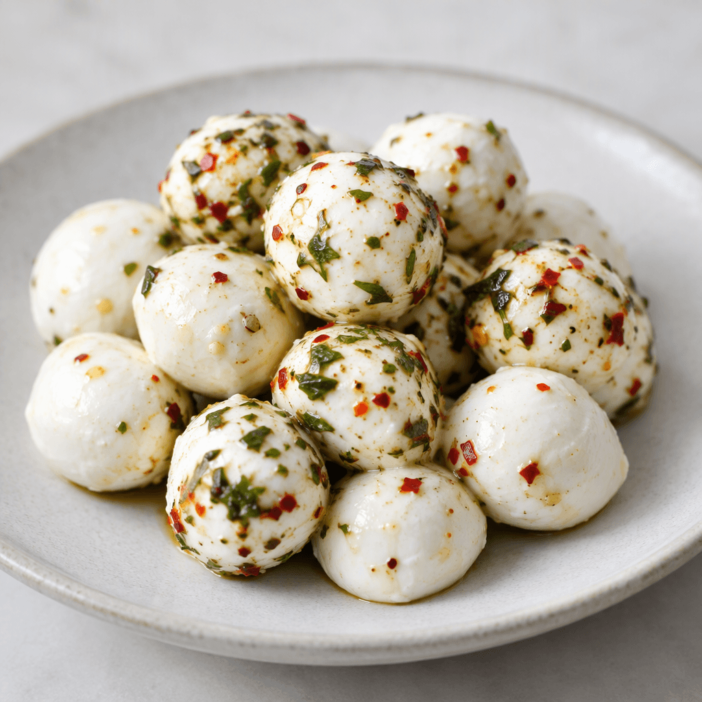Small, smooth white cheese balls, some speckled with green herbs and red seasoning, are arranged together on a plate.