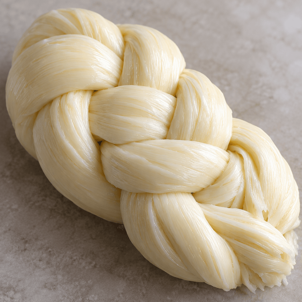A pale ivory cheese is formed into a compact braid of thick, smooth strands, with the woven ridges and a few loose ends visible.