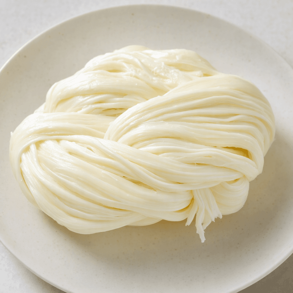 A soft white cheese is arranged in thick, glossy strands braided into a compact oval, with a moist, slightly fibrous surface and a few loose ends visible on a plain plate.