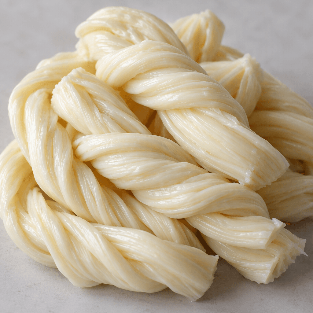 Pale ivory cheese formed into short, softly twisted strands, with a smooth, moist surface and visible ridges along each twist.