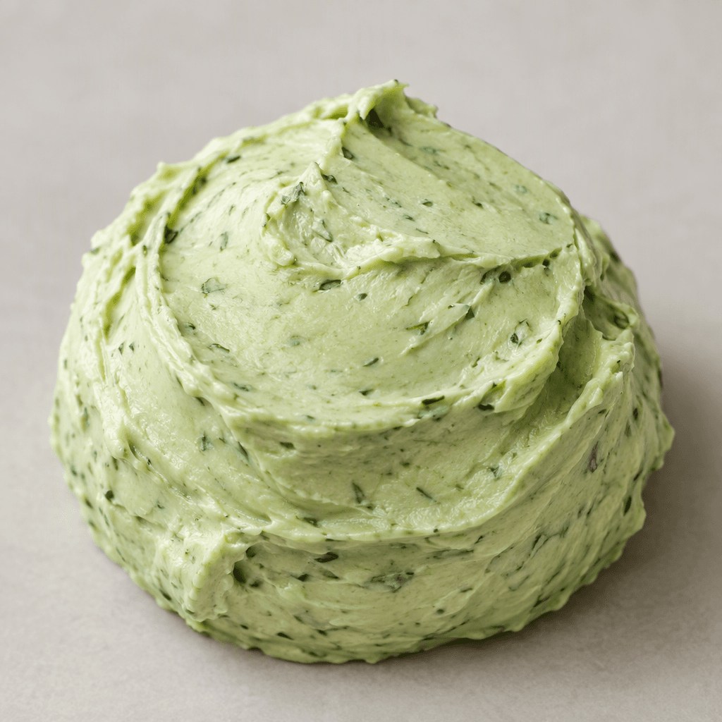 A smooth, thick, pale green creamy cheese sits in a soft mound, with an even surface and faint streaks of deeper green.