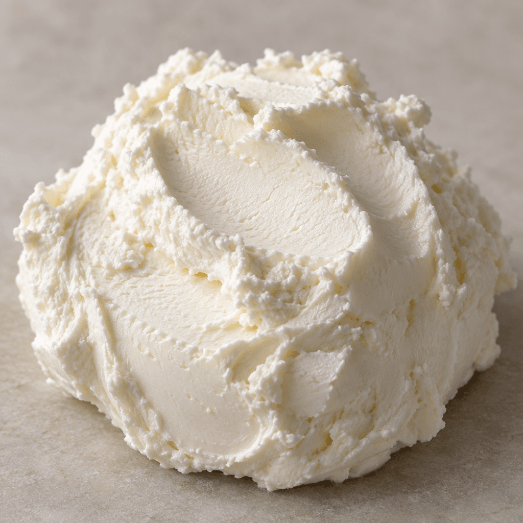 A soft, creamy white cheese with a dense, smooth texture and a gently uneven surface, served in a small mound.