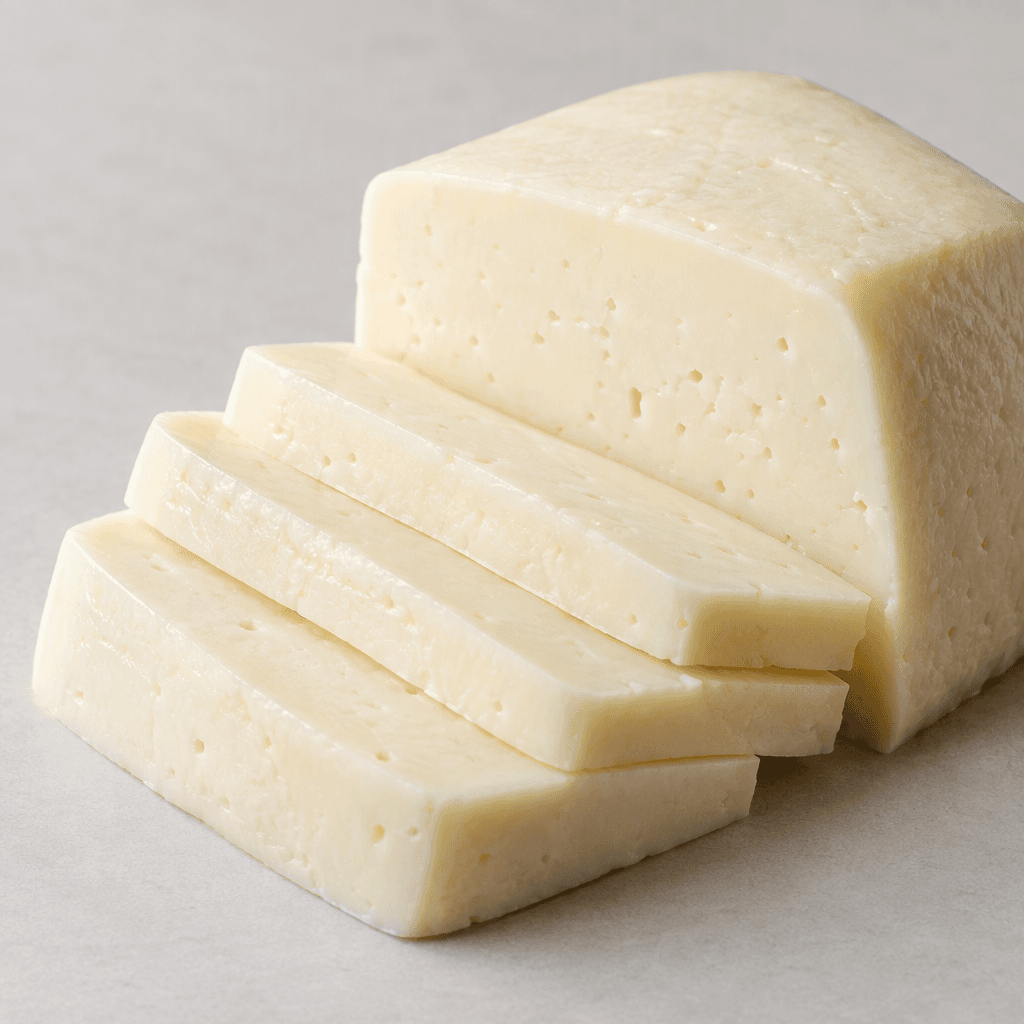 Pale ivory-white cheese is arranged in neat, thick slices, with a smooth, slightly moist surface and clean-cut edges.