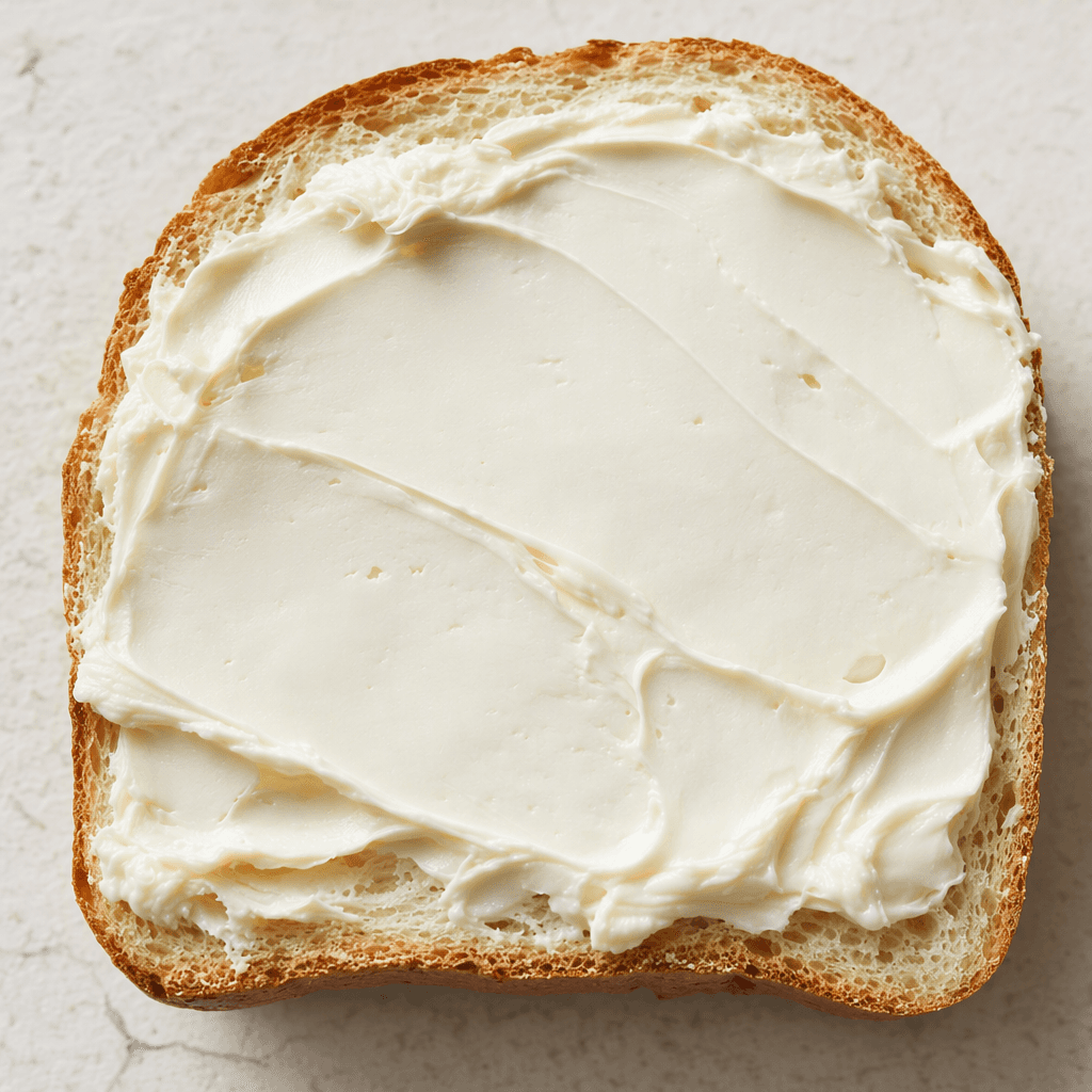 A smooth, creamy white spreadable cheese with a soft, thick texture, spread in a broad layer on a slice of bread.