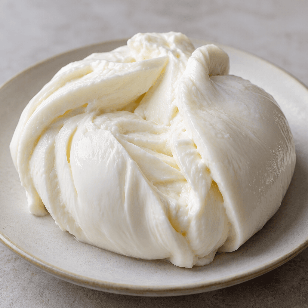 A thick, smooth, ivory-white cheese sits in soft, creamy folds on a small plate, with a faint sheen and no visible inclusions.