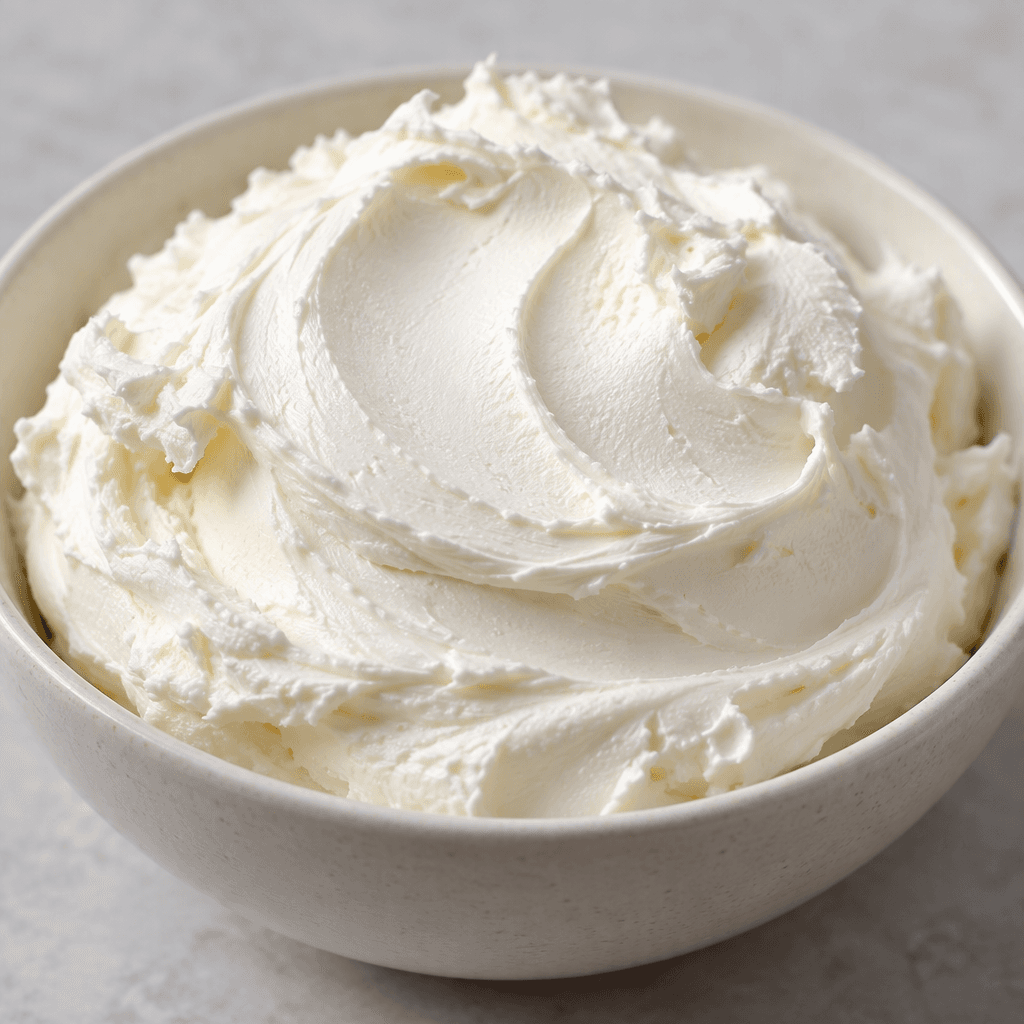 A thick, smooth, bright-white cream cheese spread with a soft, slightly whipped texture, shown in a generous mound with smooth curved edges.